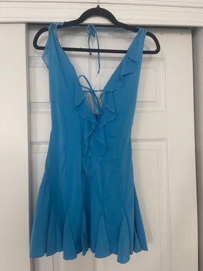 Oh Polly - Blue Ruffled V-Neck Tie-Back Mini Dress